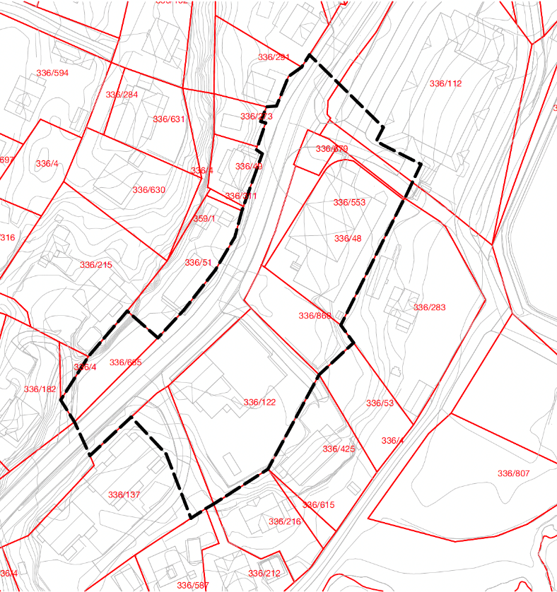 Kartet viser avgrensning av planomr&aring;det med tykk, stiplet strek