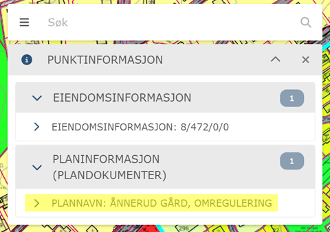 Bildet viser hvordan boksen med informasjon om gjeldende reguleringsplan ser ut i kartet. 