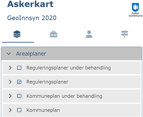 Bildet viser menyen med kartlagslista og kartlaget «arealplaner». 