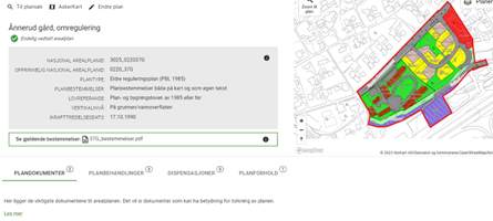 Bildet viser valgt reguleringsplan med link til vedtaksdokumentene.