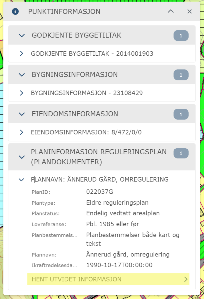 Bildet viser hvor du skal trykke i kartet for å få opp ytterligere informasjon om reguleringsplanen.